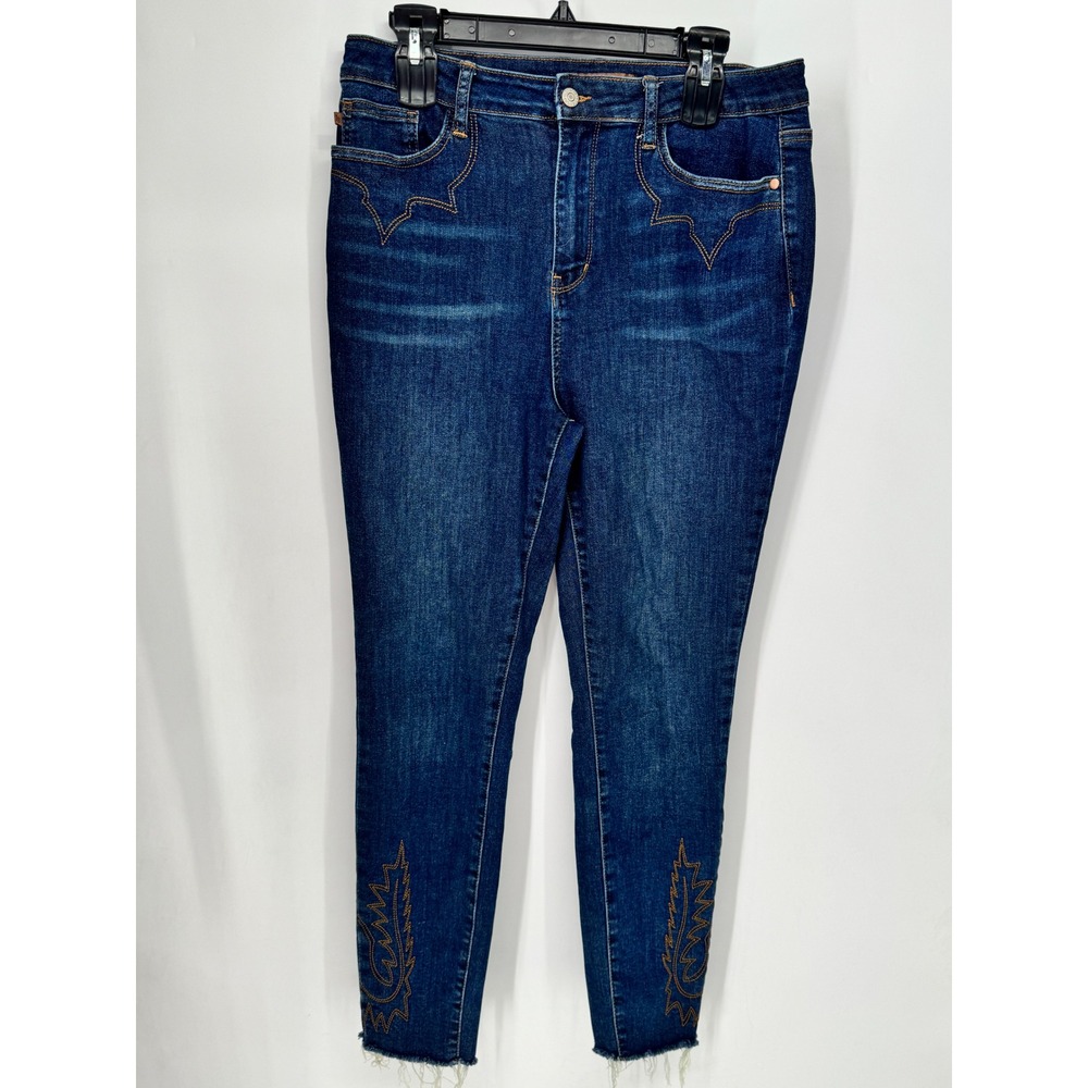 Judy Blue Skinny Jeans Women Size 15/32 Dark Wash Western Embroidered Raw Hem